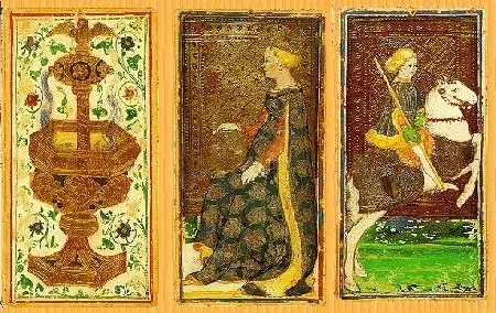 Three hand-painted Visconti-Sforza tarot cards from 15th-century Milan: a cup, a seated queen and a knight on horseback
